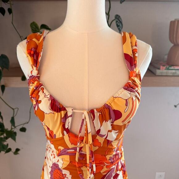 Urban Outfitters Floral Ruched Ruffle Mini Dress Orange Yellow Groovy Y2K Retro - Picture 3 of 6